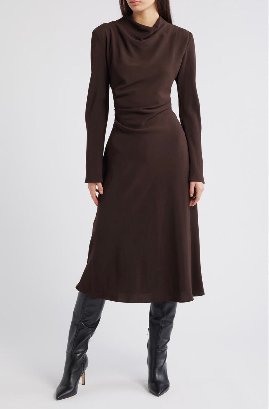 MNG Caro Ruched Long Sleeve Midi Dress